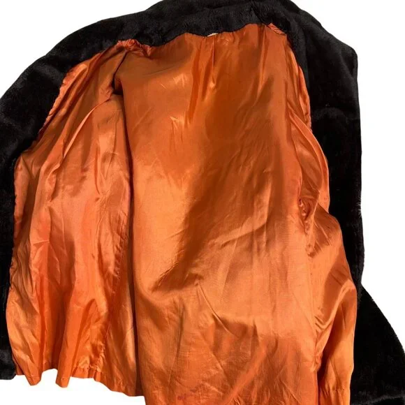 Vintage 70s Double Breasted Faux Fur Coat Large Buttons Pockets Orange Lining - Picture 7 of 10